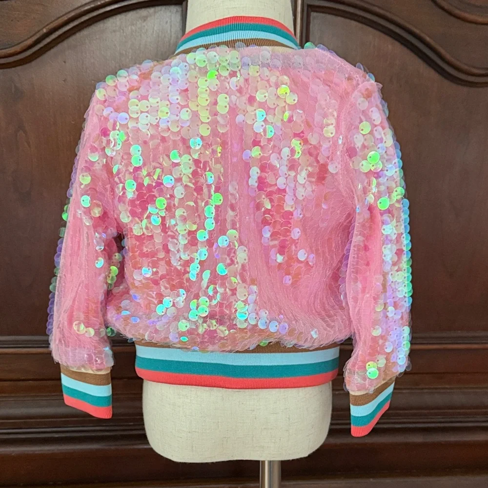 Marie Nicole Pink Iridescent Sequin Bomber Jacket Girls Boutique Zip Front